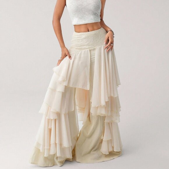 Beige Asymmetrical Party Women's Chiffon Ruffle Patchwork Loose Hem Pants - Picture 5 of 6